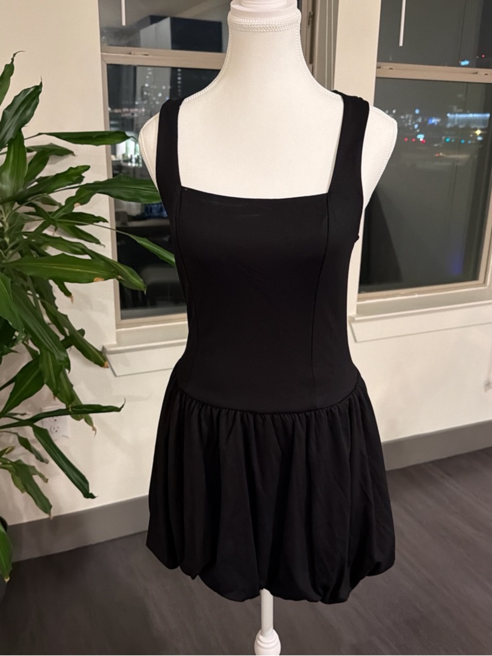 Classic Black Square-Neck Bubble Hem Dress